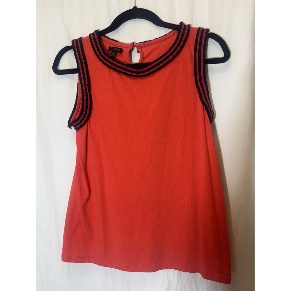 Talbots Women's Top Size Medium Petite‎ Red Navy Blue Trim Sleeveless V12